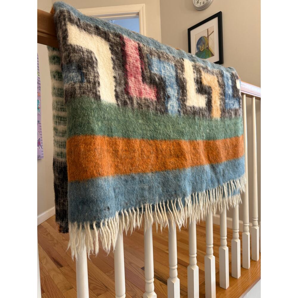 Vintage Southwestern Geometric Wool Blanket Throw Heavyweight Cabin Lodge 64x90